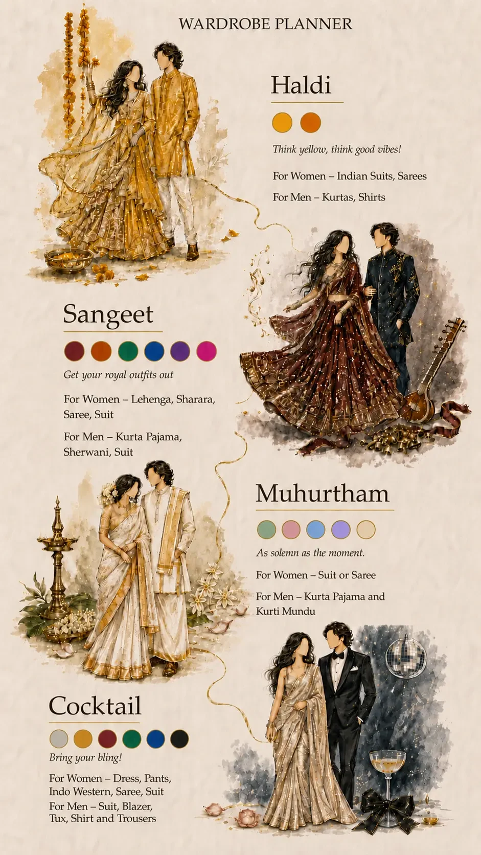 Wardrobe planner — Haldi in yellow and orange, Sangeet in royal lehengas and sherwanis, Wedding in pastels and Kerala sarees, Cocktail in shimmer and black tie