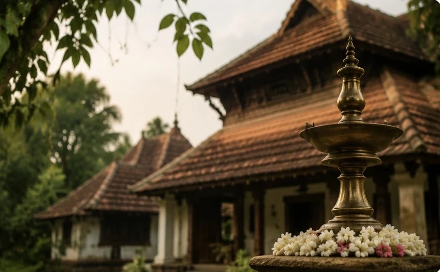 A traditional Kerala home with a tiled roof and a brass lamp decorated with flowers