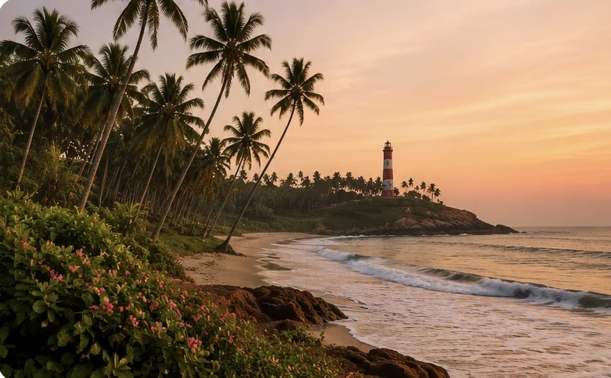 A Kerala beach at sunset with coconut palms and a lighthouse